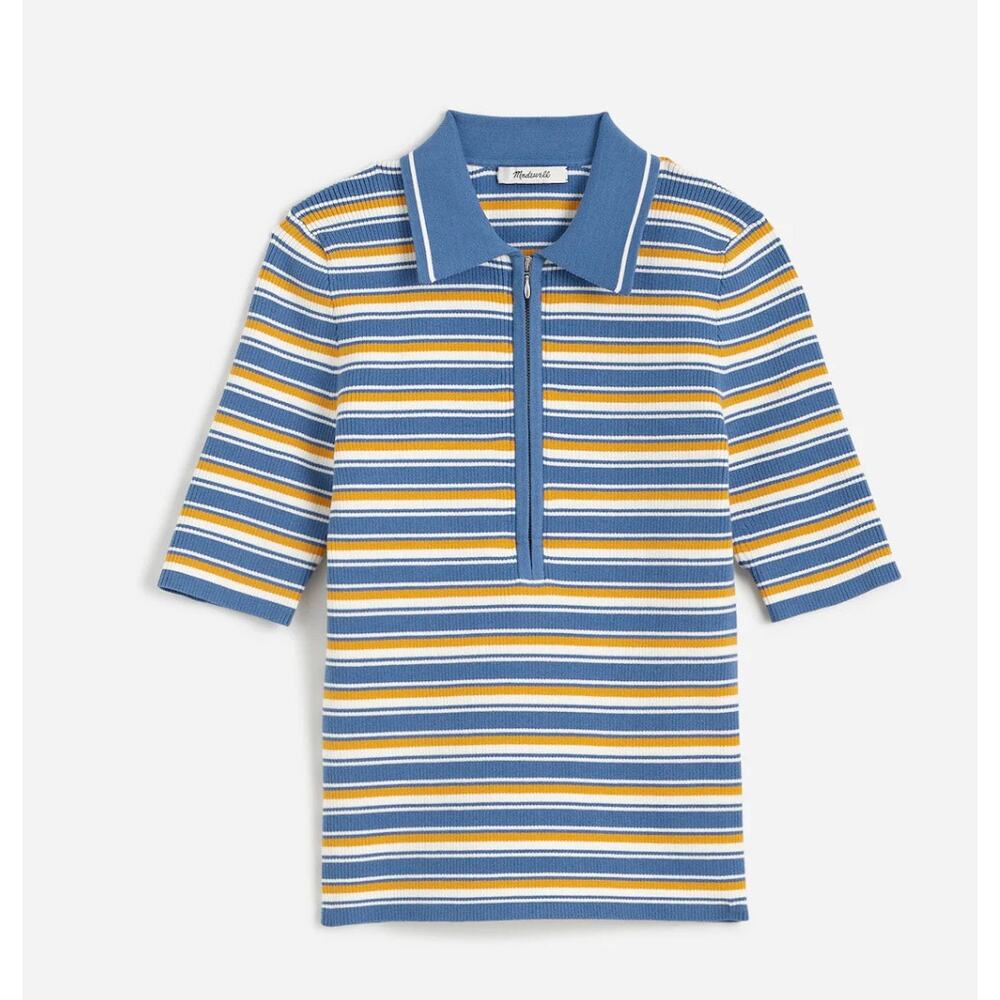 NWT Madewell Size XXS Half-Zip Johnny-Collar Polo‎ Delphinium Stripe Blue Y2K